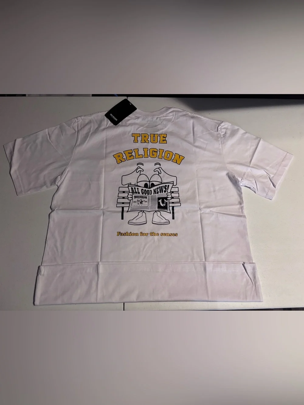 True Religion White Tee with Yellow Logo and Graphic Back